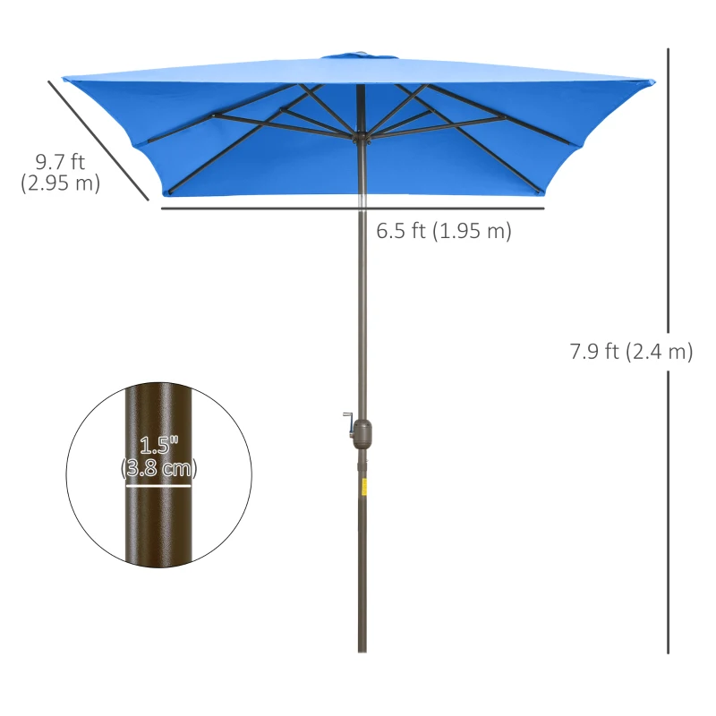 Outsunny 6.5x10ft Patio Umbrella, Rectangle Market Umbrella with Aluminum Frame and Crank Handle, Garden Parasol Outdoor Sunshade Canopy, Blue