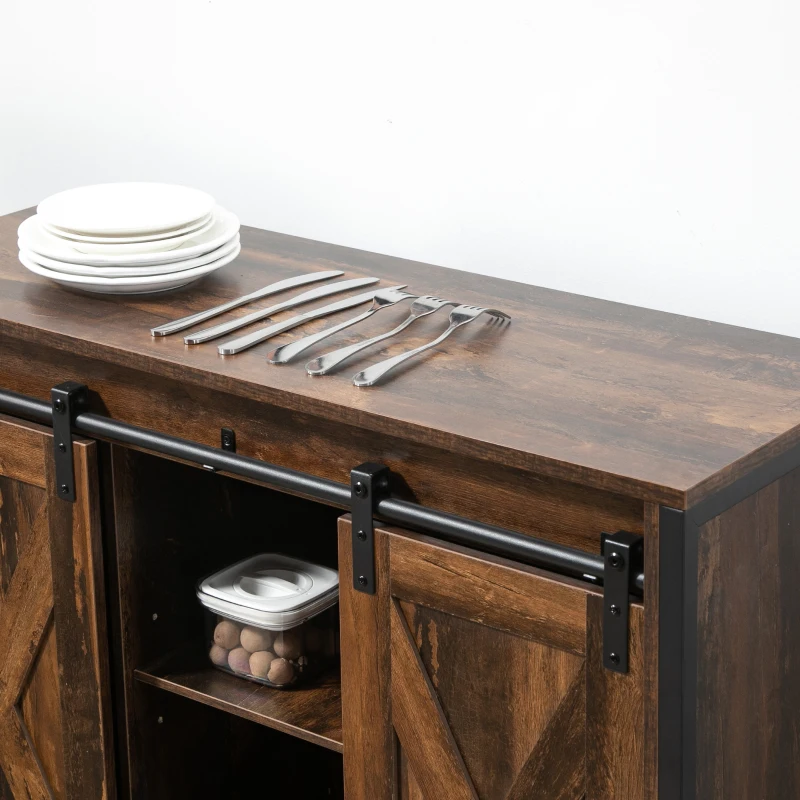 HOMCOM Industrial Sideboard, Buffet Cabinet with Sliding Barn Doors, Storage Cabinets and Adjustable Shelves for Living Room, Kitchen, Home Bar, Rustic Brown