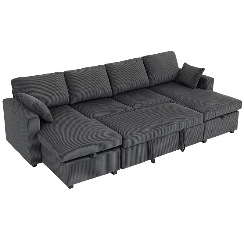 HOMCOM Convertible Sofa Bed, Corduroy U-Shaped Sleeper Sofa Couch with Storage Chaise, Pillows, Spring, Futon Couch, Grey