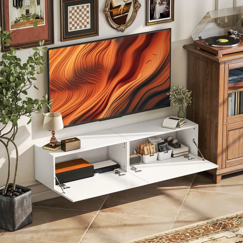 HOMCOM Floating TV Stand with Storage Cupboards for 45, 55, 65in TVs, Wall Mounted TV Console Entertainment Unit, White