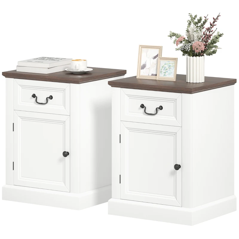HOMCOM Side Table Set of 2, End Tables with Drawer and Cabinet, Nightstands for Small Spaces, Living Room, White