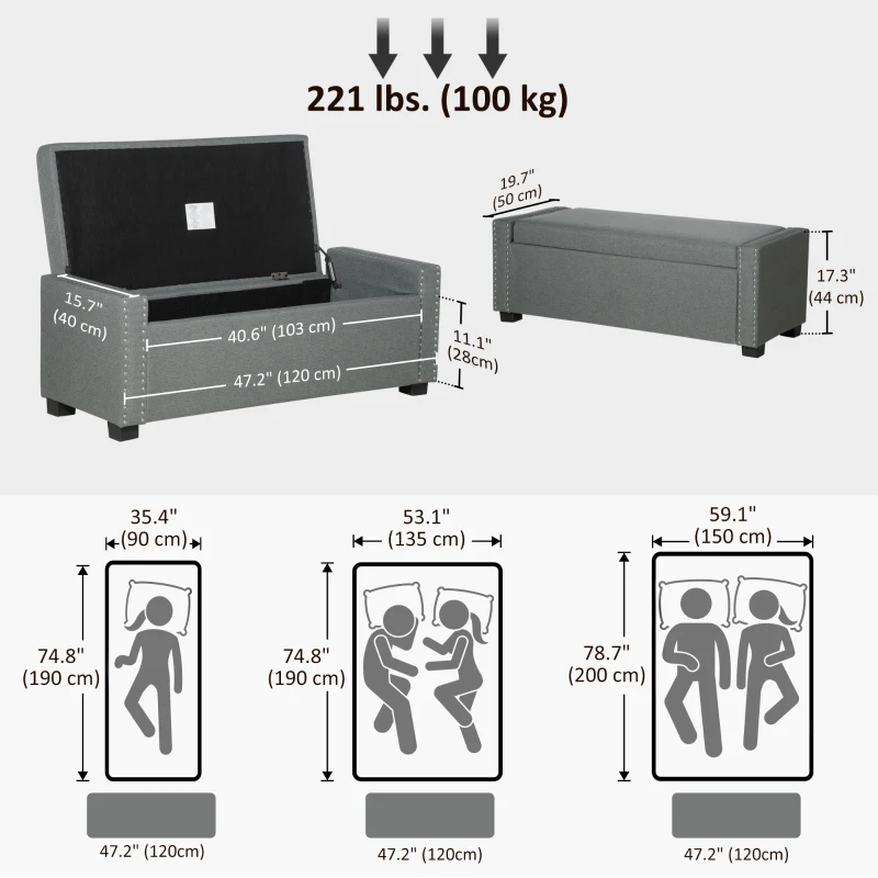 HOMCOM Upholstered Flip Top Storage Bench Fabric Ottoman for Bedroom, Living room, Light Grey