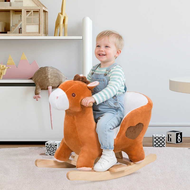 Qaba Kids Ride On Rocking Horse, Plush Animal Toy Sturdy Wooden Rocker with Songs for Boys or Girls