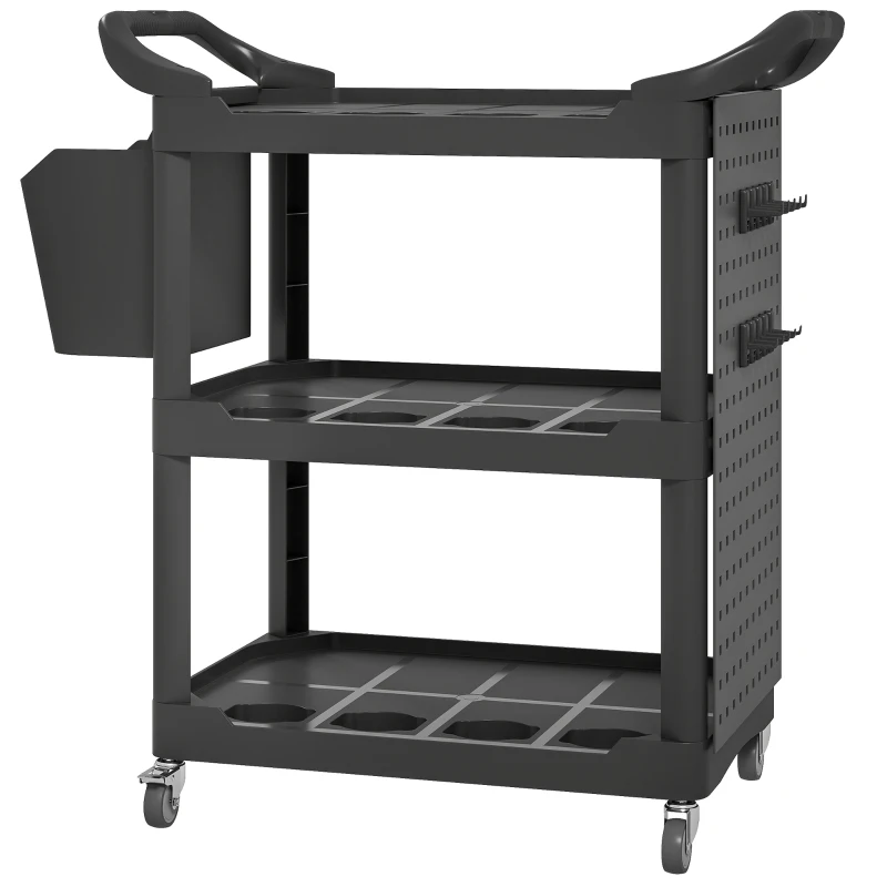 HOMCOM 3-Tier Rolling Tool Cart, 200 LBS Capacity Plastic Utility Cart with Side Shelf and Storage Bucket, Black