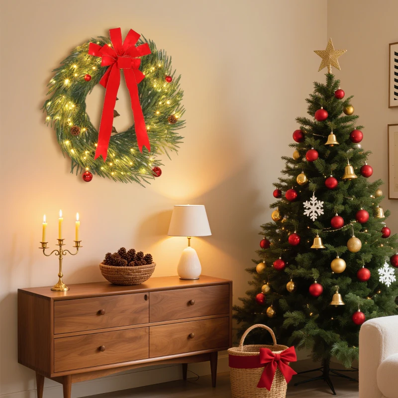 HOMCOM 36 Inch Christmas Wreath for Front Door with LED Lights, Prelit Christmas Wreath with 8 Modes and Ornaments, Green