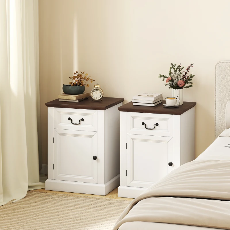 HOMCOM Side Table Set of 2, End Tables with Drawer and Cabinet, Nightstands for Small Spaces, Living Room, White