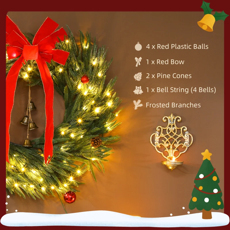 HOMCOM 36 Inch Christmas Wreath for Front Door with LED Lights, Prelit Christmas Wreath with 8 Modes and Ornaments, Green