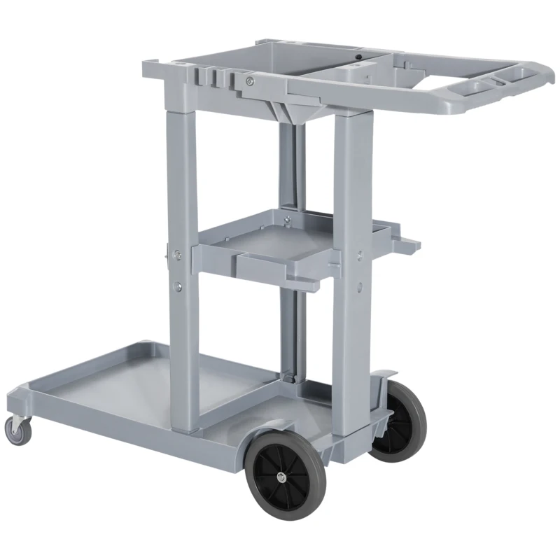 HOMCOM Janitorial Cart with 3 Shelves, Cleaning Cart on Wheels with Rubbish Bag and Mop Holders for Hotel, Housekeeping, Grey