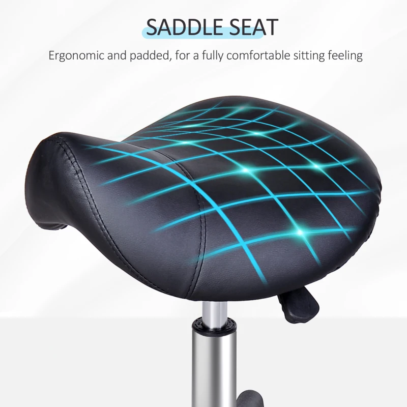 HOMCOM Saddle Stool, PU Leather Rolling Stool with Wheels, Adjustable Salon Chair for Kitchen, Salon Spa, Bar, Home Office, Massage, Black