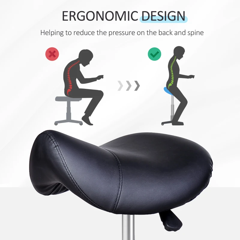 HOMCOM Saddle Stool, PU Leather Rolling Stool with Wheels, Adjustable Salon Chair for Kitchen, Salon Spa, Bar, Home Office, Massage, Black