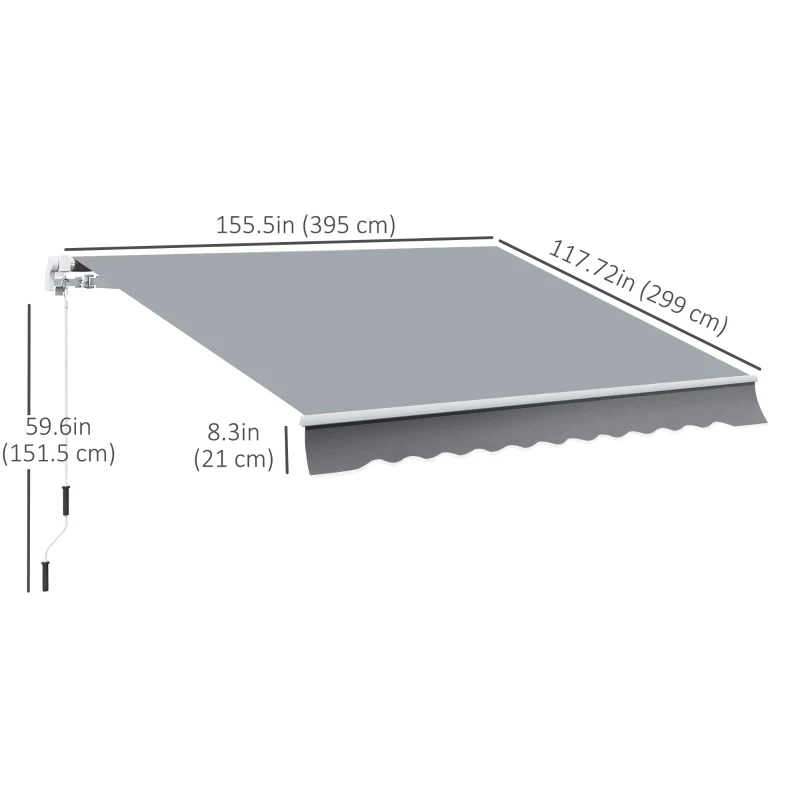 Outsunny 10x8ft Patio Awning Manual Retractable Sun Shade Aluminum Frame Grey