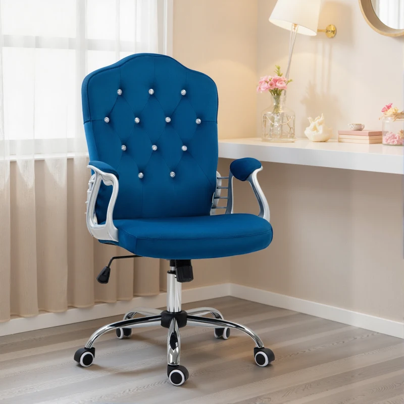 Vinsetto Office Chair, Velvet Computer Desk Chair with Swivel Wheels, Adjustable Height, Tilt Function, Button Tufted, Blue