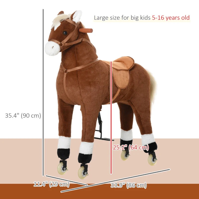 Qaba Kids Rocking Horse Walking Horse with Wheels, Large Size Moving Hobby Horse Ride on Toy Gift for Children 5-16 Years