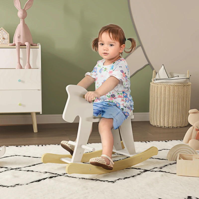 Qaba Wooden Rocking Horse Toddler Baby Ride-on Toys for Kids 1-3 Years with Classic Design & Solid Workmanship, White