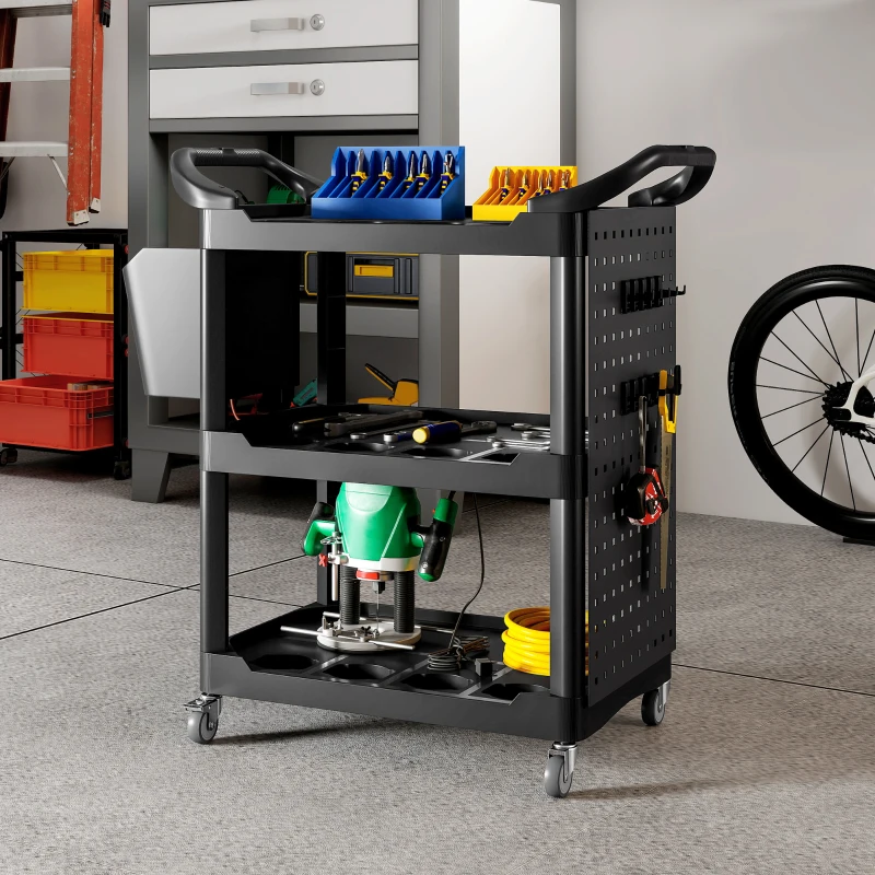 HOMCOM 3-Tier Rolling Tool Cart, 200 LBS Capacity Plastic Utility Cart with Side Shelf and Storage Bucket, Black
