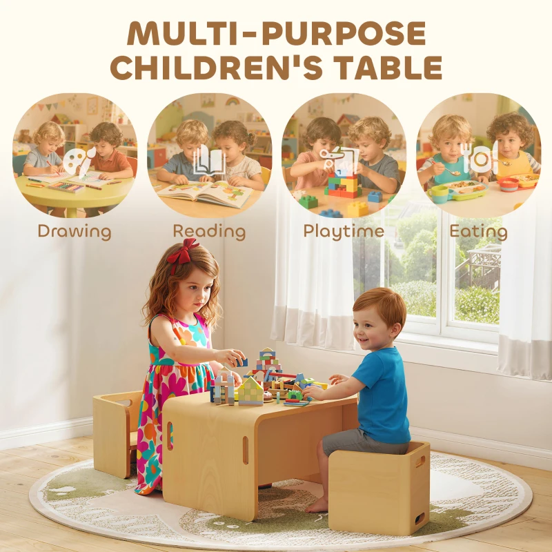 Qaba Kids Table and Chair Set, Height Adjustable Toddler Table and Chair Set for Kids Ages 3-8, Play, Learning, Natural