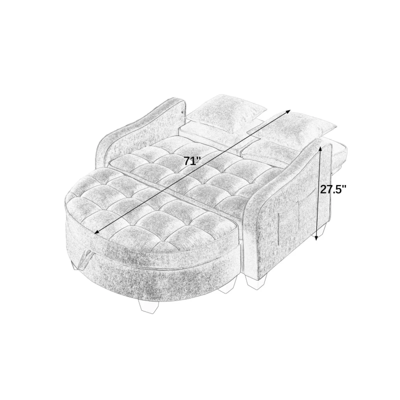 2-Seater Sofa Chaise Lounge with Irregular Curved Armrests, Ergonomic Backrest, Footrest with 2 Throw Pillows, 42.5" L x 32.5" W x 36.5" H, Beige