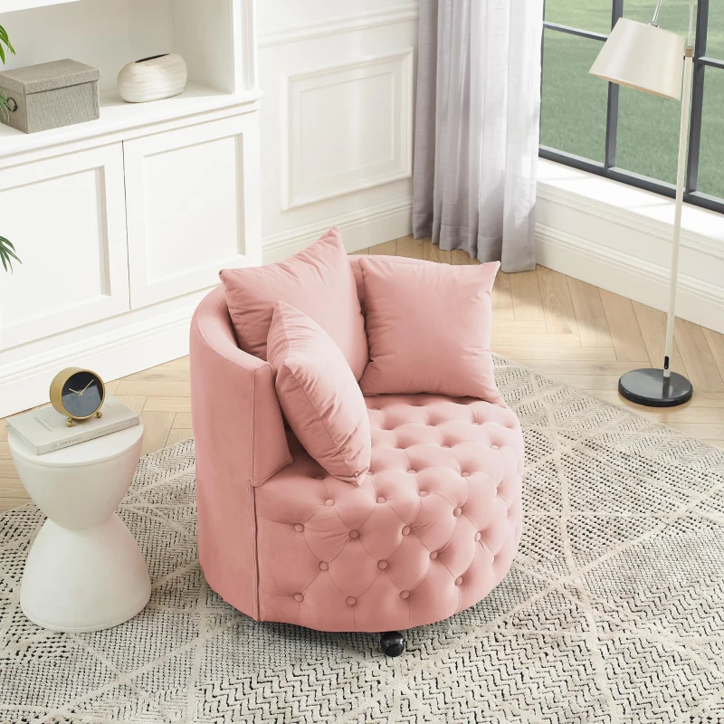 Velvet Upholstered Swivel Chair with Button-Tufted Back, Multi-Density Foam Cushion, Seat with 3 Accent Pillows, 30" L x 30" W x 26" H, Pink