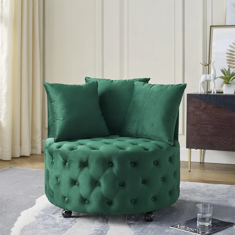 Velvet Upholstered Swivel Chair with Button-Tufted Back, Multi-Density Foam Cushion, Seat with 3 Accent Pillows, 30" L x 30" W x 26" H, Green