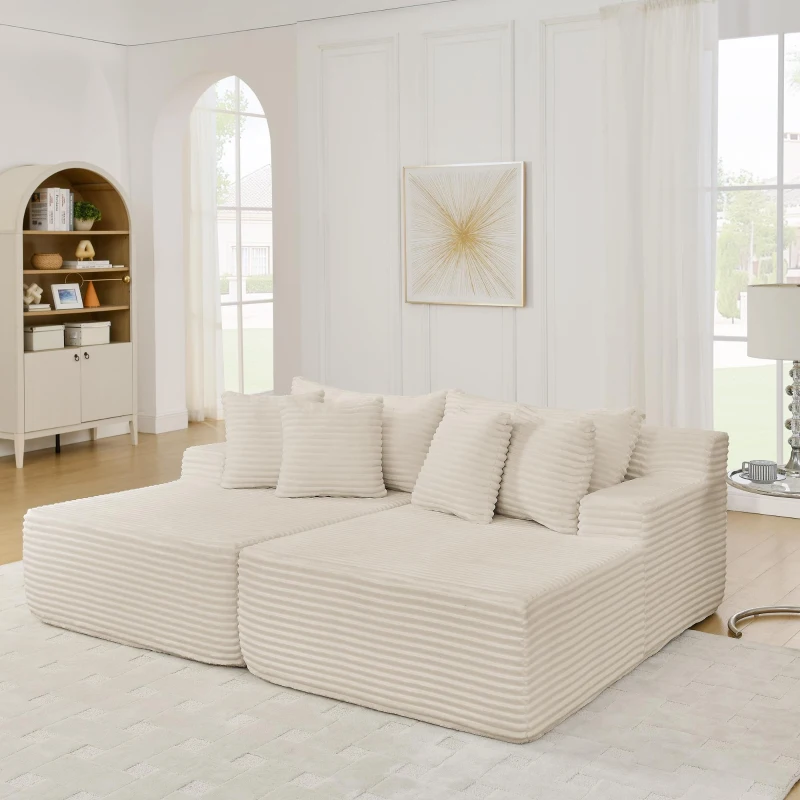 2-Seater Compressed Foam Lounge Sofa with Velvet Fabric and No Wood Frame, Loveseat Ideal for Bedroom, 83" L x 63" W x 25" H, Beige