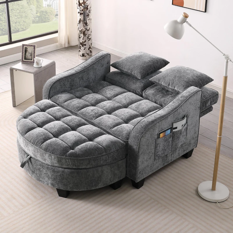 2-Seater Sofa Chaise Lounge with Irregular Curved Armrests, Ergonomic Backrest, Footrest with 2 Throw Pillows, 42.5" L x 32.5" W x 36.5" H, Grey