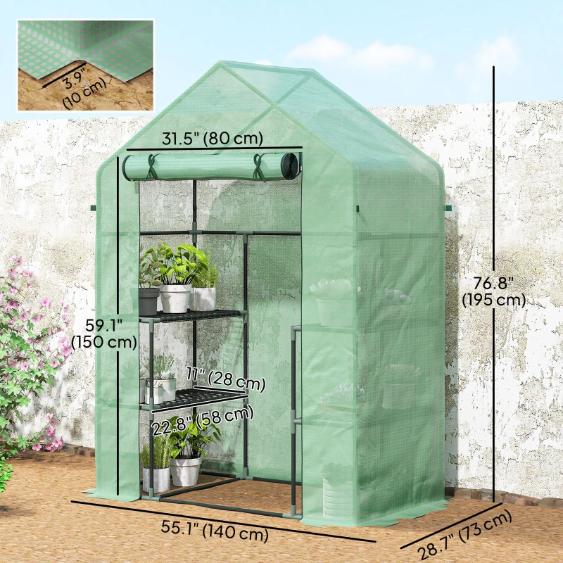 Outsunny 3-Tier Mini Greenhouse, Walk-in Greenhouse, Garden Hot House with 4 Shelves, Roll-Up Door and Weatherized Cover, 56" x 29" x 77", Dark Green