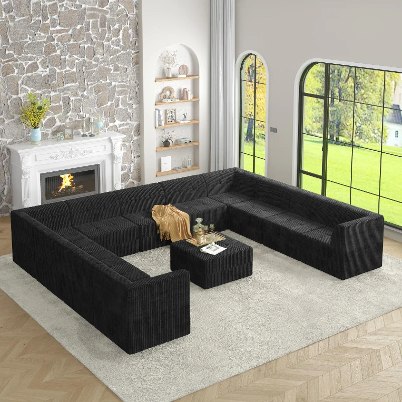 U-Shaped Modular Sectional Sofa with Foam-Filled Cushions, Reversible No-Assembly Design for Living Room, 163.5" L x 130.5" W x 30" H, Black