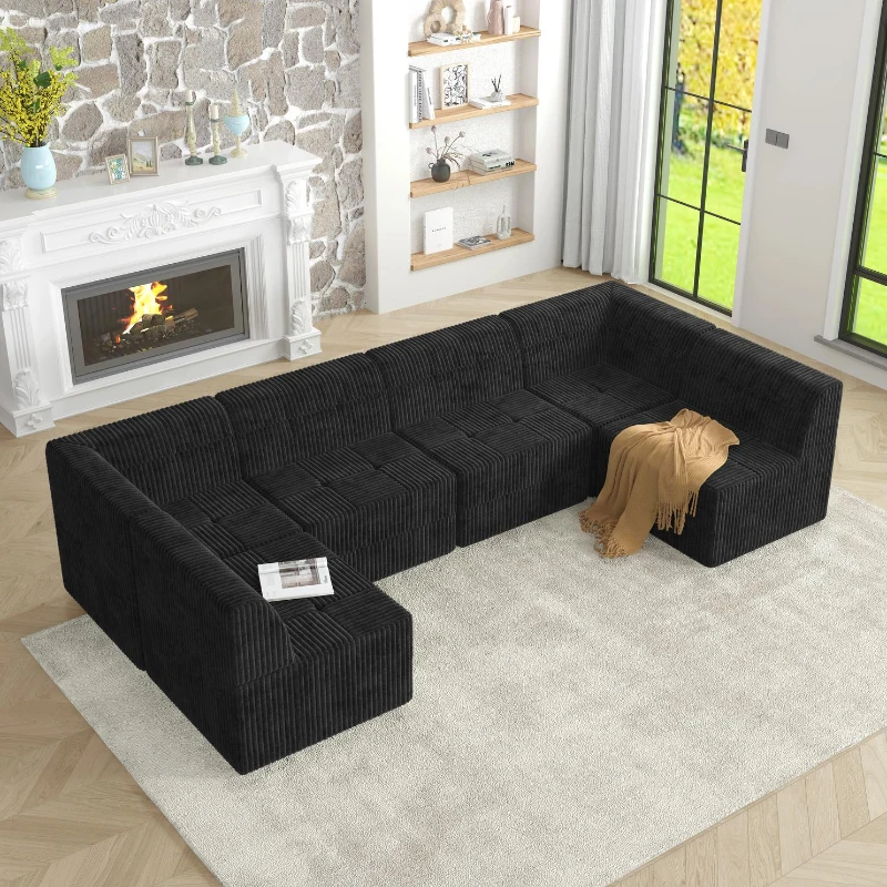U-Shape Modular Sectional Sofa with Plush Terrycloth Upholstery, Space-Saving Minimalist Sleeper for Living Room, 130.5" L x 65" W x 30" H, Black