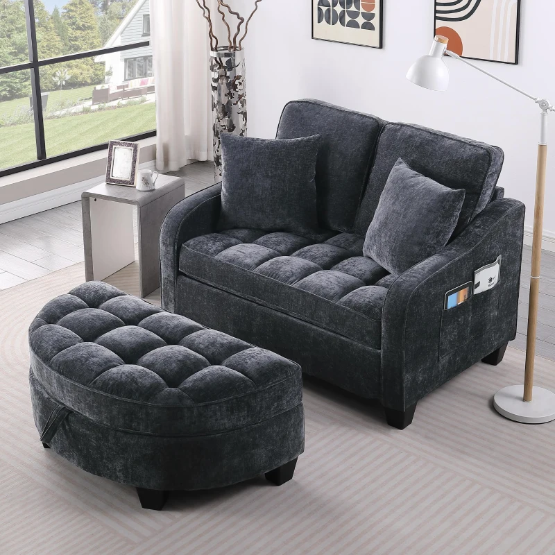 2-Seater Sofa Chaise Lounge with Irregular Curved Armrests, Ergonomic Backrest, Footrest with 2 Throw Pillows, 42.5" L x 32.5" W x 36.5" H, Black