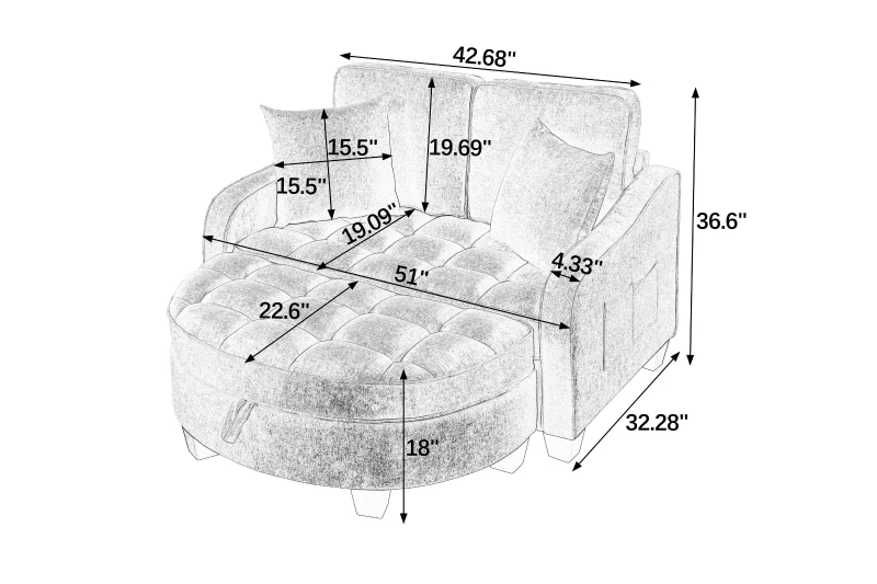 2-Seater Sofa Chaise Lounge with Irregular Curved Armrests, Ergonomic Backrest, Footrest with 2 Throw Pillows, 42.5" L x 32.5" W x 36.5" H, Cyan
