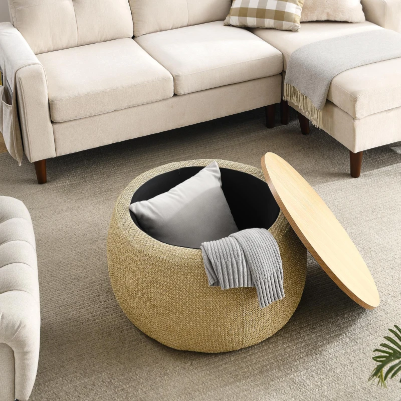 2-in-1 Round Storage Ottoman with Removable Lid, Hidden Storage, End Table & Ottoman for Living Room, 25.5" L x 25.5" W x 14.5" H, Natural