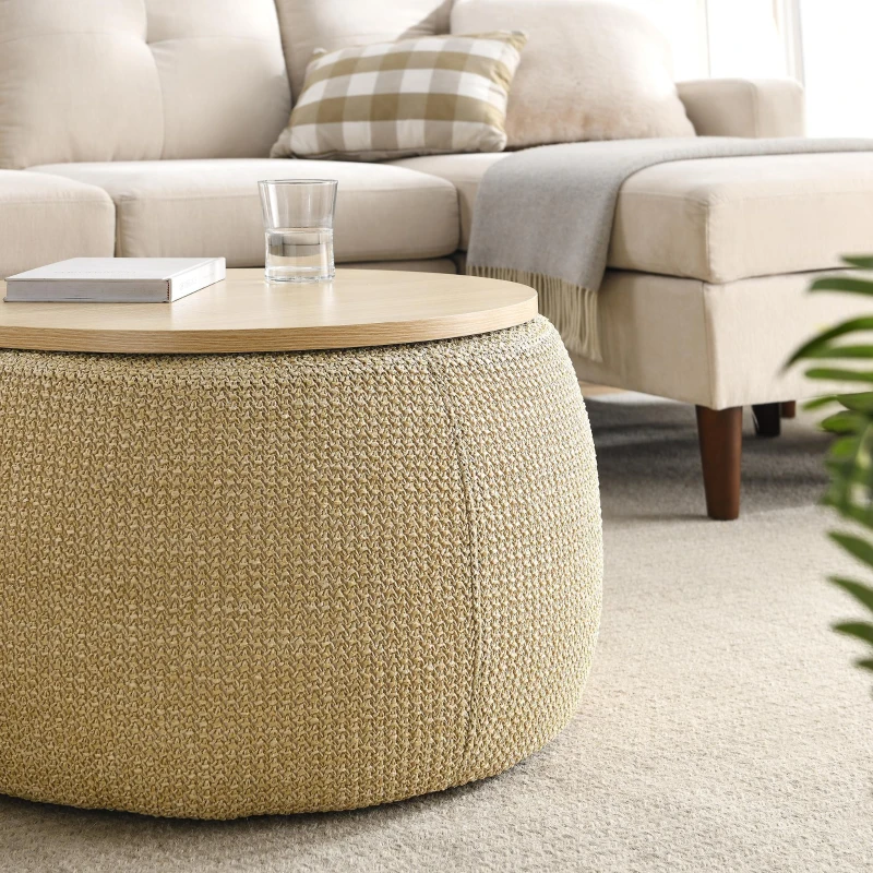 2-in-1 Round Storage Ottoman with Removable Lid, Hidden Storage, End Table & Ottoman for Living Room, 25.5" L x 25.5" W x 14.5" H, Natural