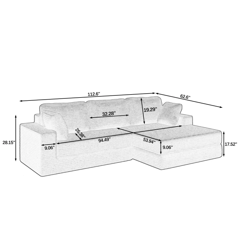 Right-Arm L-Shape Modular Sectional Sofa with Plush Foam-Filled Seats, Modular Sofa Ideal for Living Room, 112.5" L x 62.5-88" W x 28" H, Black