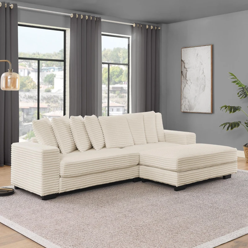 Tufted Corduroy Upholstered Sectional Sofa with Reversible Chaise, Footrests, Sleeper for Compact Room, 110.5" L x 57" W x 25.5" H, Beige