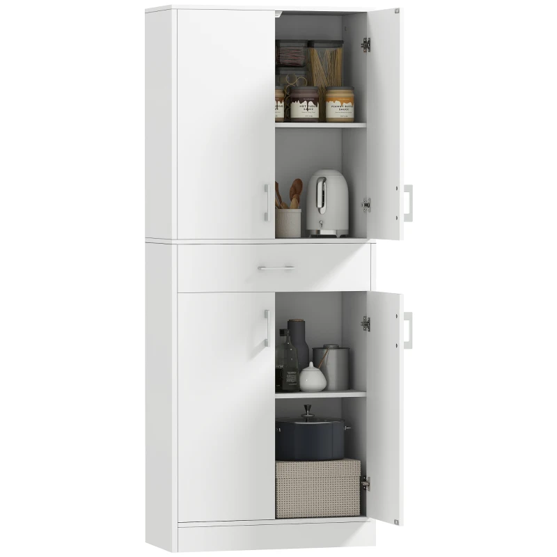 HOMCOM 71" Kitchen Pantry Cabinet with Drawer and Adjustable Shelf, Freestanding Tall Storage Cabinet with 2 Double Door Cupboards, White