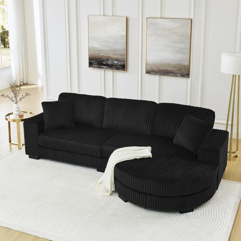Corduroy Tufted Upholstered Sectional Sofa with Reversible Left/Right Chaise, L-Shaped Seats for Living Room, 110.5" L x 57" W x 25.5" H, Black