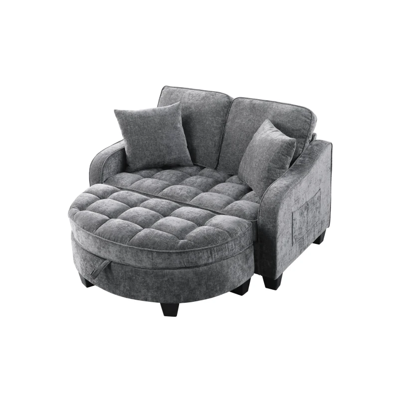 2-Seater Sofa Chaise Lounge with Irregular Curved Armrests, Ergonomic Backrest, Footrest with 2 Throw Pillows, 42.5" L x 32.5" W x 36.5" H, Grey