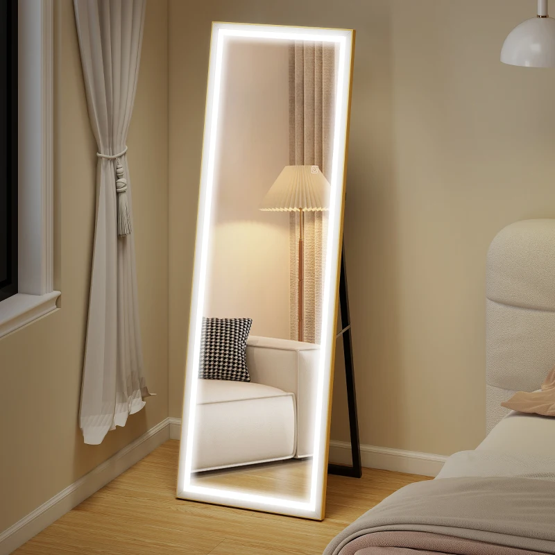 HOMCOM LED Mirror with Dimmable and 3 Colour Lights, 64" x 21" Rectangular Floor Mirror for Bedroom Living Room, Gold