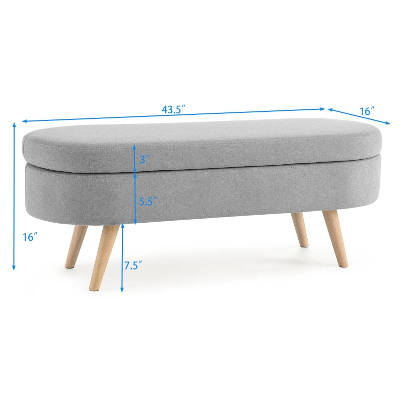 Oval Storage Ottoman Bench with Linen-Upholstered Pleated Fabric, Multiuse Footstool and Seat for Living Room, 43.5" L x 16" W x 16" H, Grey