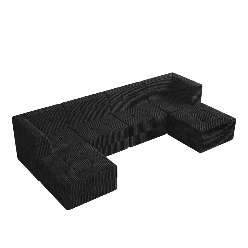 U-Shaped Modular Sofa with Spring-Supported Cushions and Wide Arms, Sectional Sofa Perfect for Living Room, 130.5" L x 65" W x 30" H, Black
