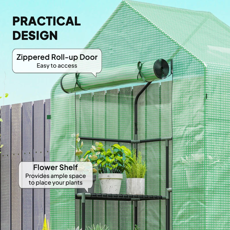 Outsunny 3-Tier Mini Greenhouse, Walk-in Greenhouse, Garden Hot House with 4 Shelves, Roll-Up Door and Weatherized Cover, 56" x 29" x 77", Dark Green