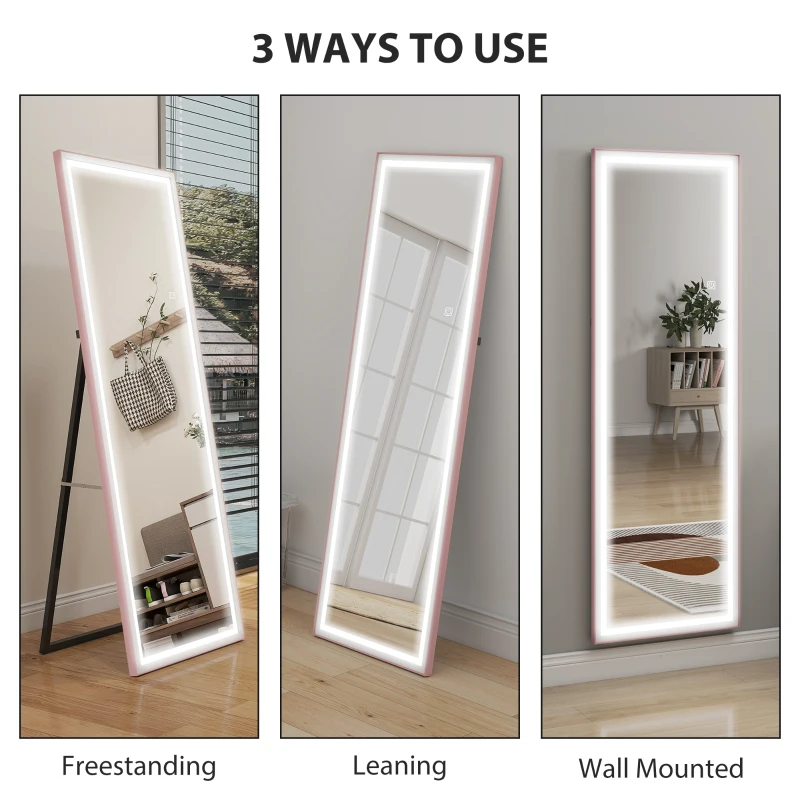 HOMCOM LED Mirror with Dimmable and 3 Colour Lights, 64" x 21" Rectangular Floor Mirror for Bedroom Living Room, Pink