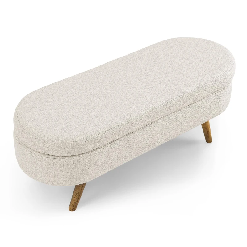 Oval Storage Ottoman Bench with Pleated Linen Fabric, Hidden Storage Footstool with Handmade Rubberwood Legs, 43.5" L x 16" W x 16" H, Beige