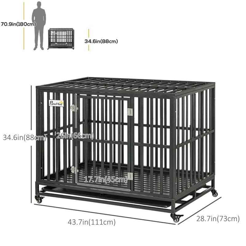 PawHut 44" Heavy Duty Steel Dog Crate Kennel Pet Cage with Wheels for Convenient Access Anti-Pinching Floor, Black