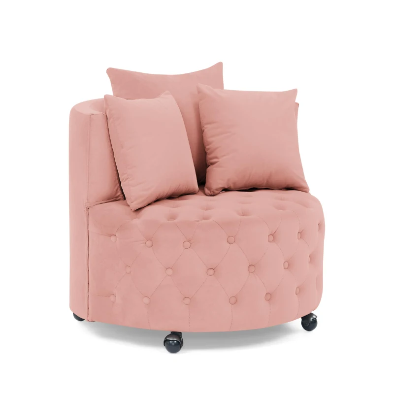 Velvet Upholstered Swivel Chair with Button-Tufted Back, Multi-Density Foam Cushion, Seat with 3 Accent Pillows, 30" L x 30" W x 26" H, Pink