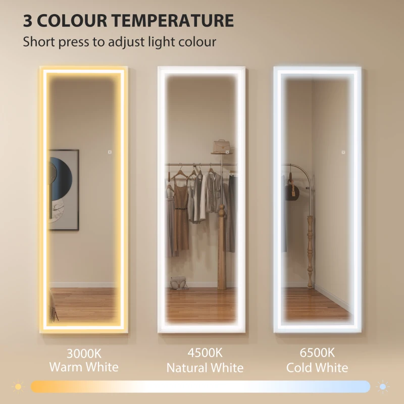 HOMCOM LED Mirror with Dimmable and 3 Colour Lights, 64" x 21" Rectangular Full Body Mirror for Bedroom Living Room, White
