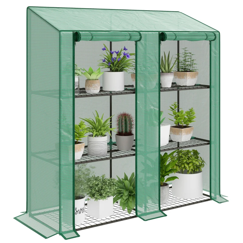Outsunny Portable Mini Greenhouse Green House with 3 Tier Shelves, Reinforced PE Cover, Roll-up Doors, 56.3" x 18.1" x 59.4"