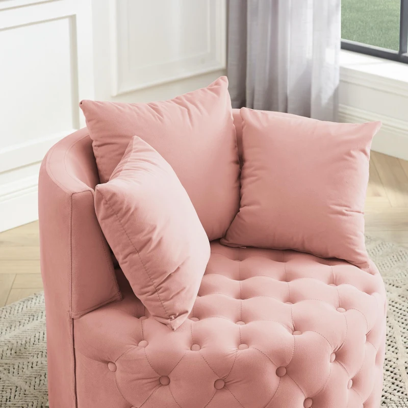 Velvet Upholstered Swivel Chair with Button-Tufted Back, Multi-Density Foam Cushion, Seat with 3 Accent Pillows, 30" L x 30" W x 26" H, Pink