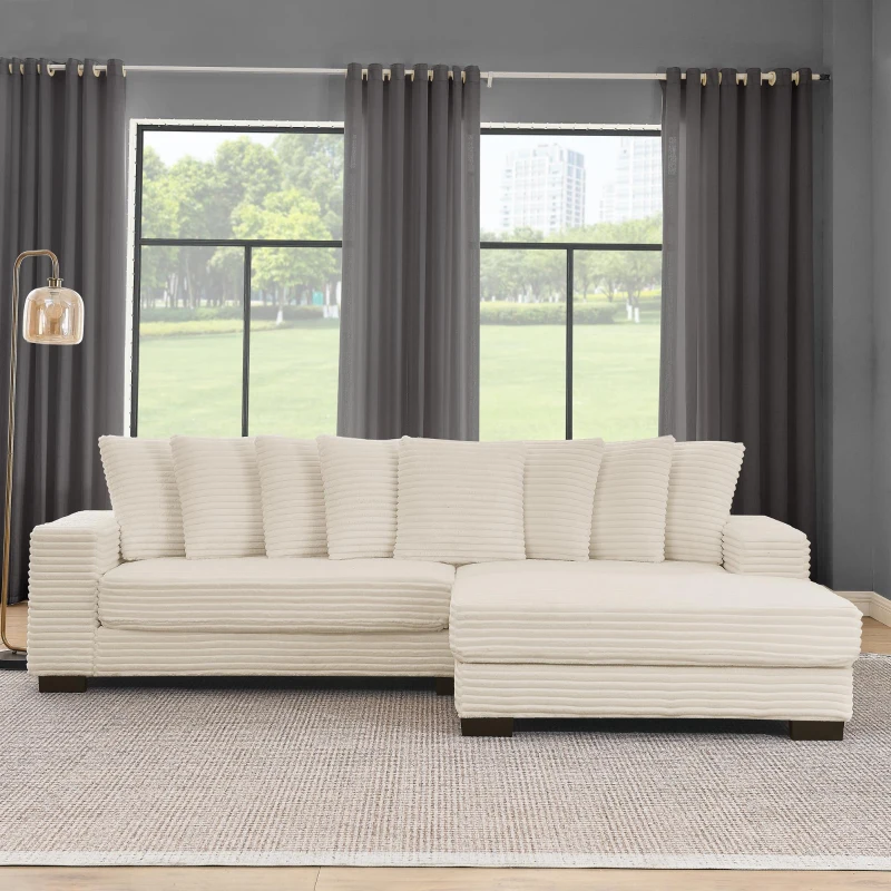 Tufted Corduroy Upholstered Sectional Sofa with Reversible Chaise, Footrests, Sleeper for Compact Room, 110.5" L x 57" W x 25.5" H, Beige