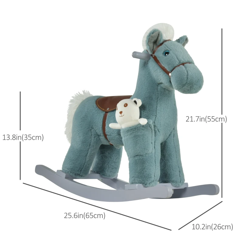 Qaba Kids Rocking Horse Plush Animal on Wooden Rockers with Sounds, Wooden Base and Bear Toy, Baby Rocking Chair, Blue